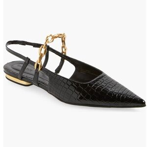 New! Open Edit Olympia Snakeskin Embossed Slingback Flat (Women). Size 7. Black